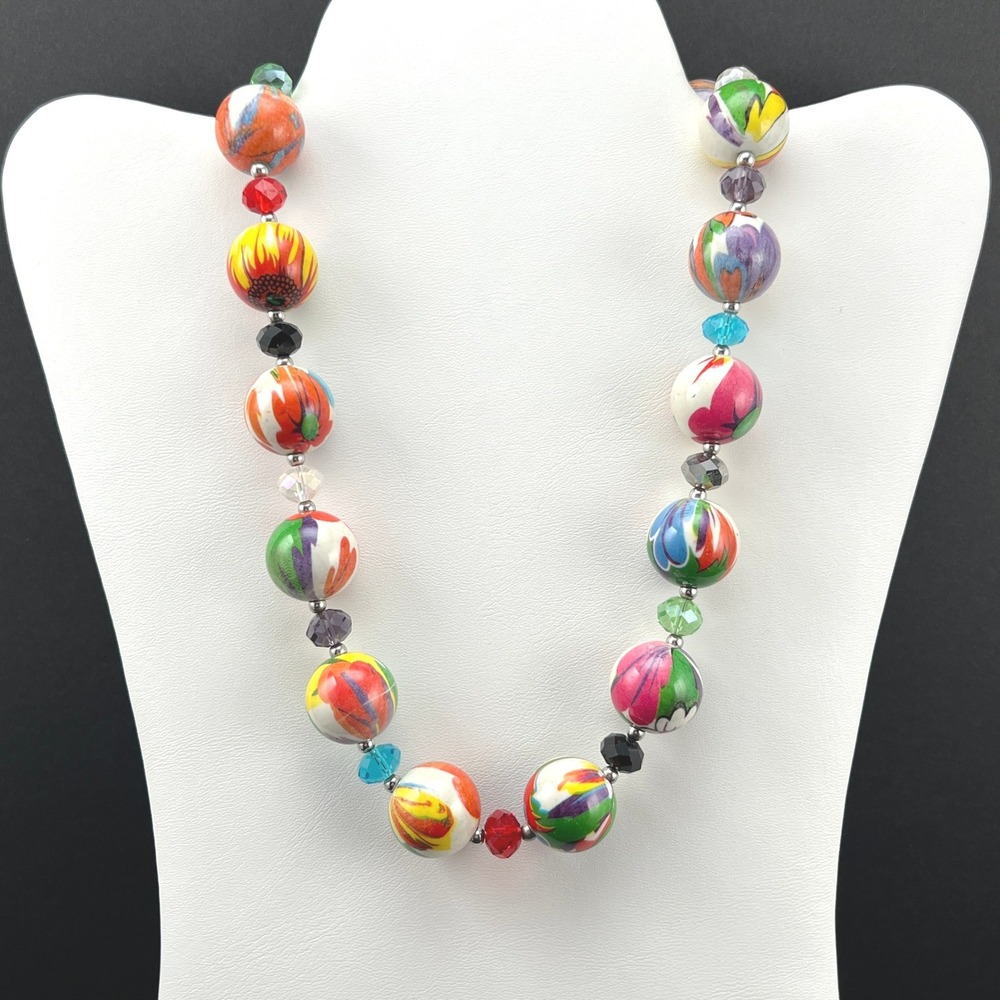 Chunky Beaded Necklace Multicolor Floral Faceted Crystal Statement 21.5"